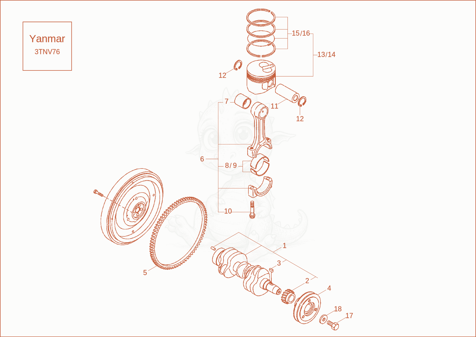 Exploded parts diagram of the crankshaft, piston of a Wacker Neuson 1404, with numbered balloons