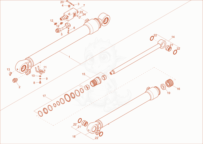 Exploded parts diagram of the dipper arm cylinder of a Wacker Neuson EZ80, with numbered balloons