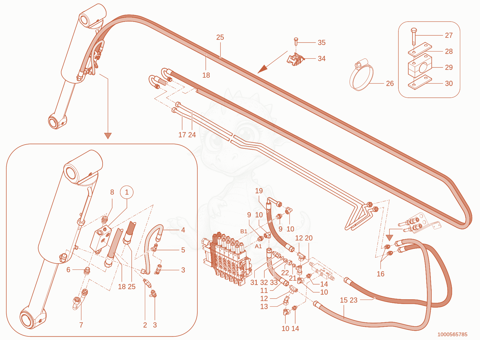 Exploded parts diagram of the Tilt ram cycle of a Wacker Neuson TH735(415-36), with numbered balloons