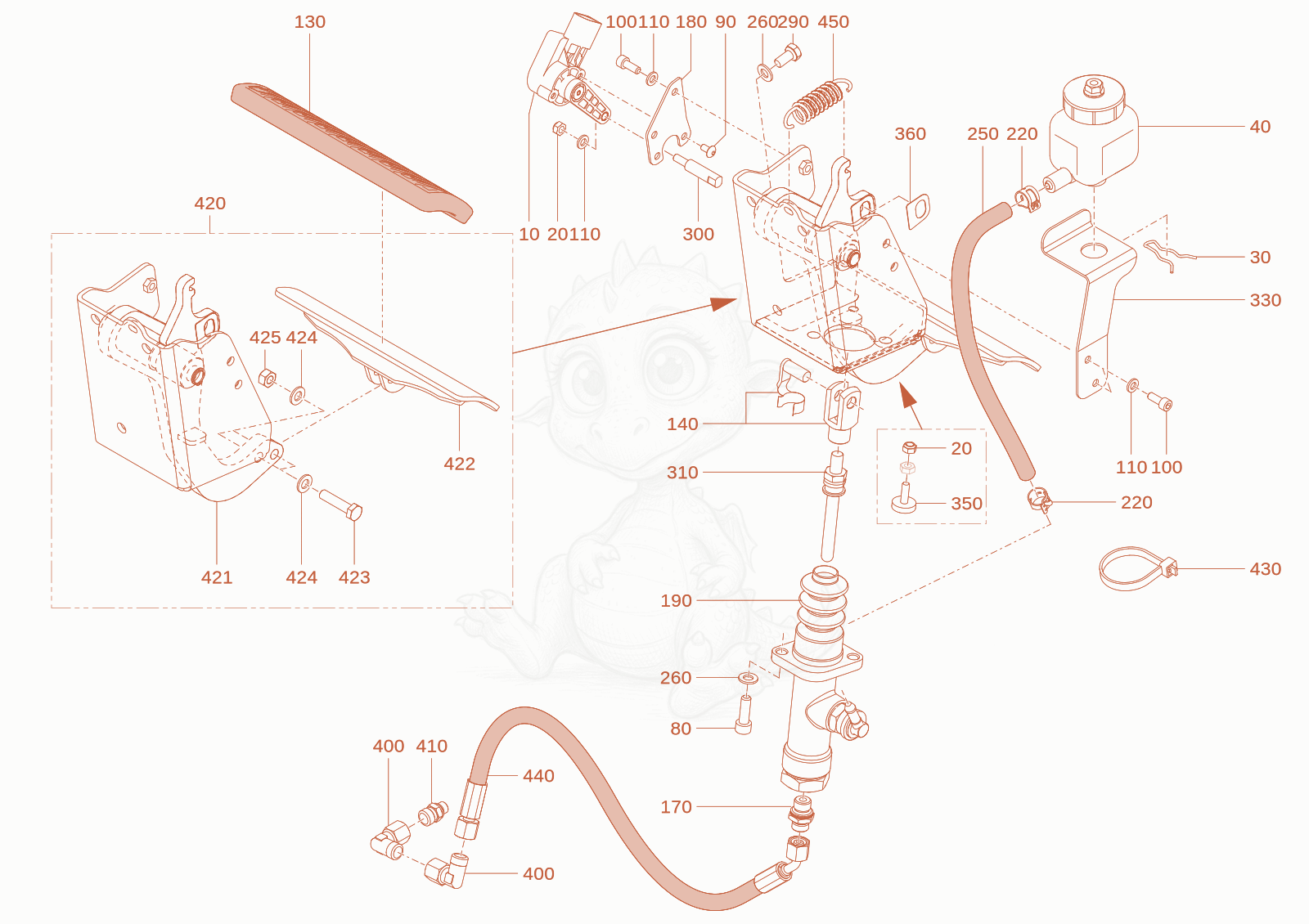 Exploded parts diagram of the brake pedal of a Wacker Neuson TH412(T01-01), with numbered balloons