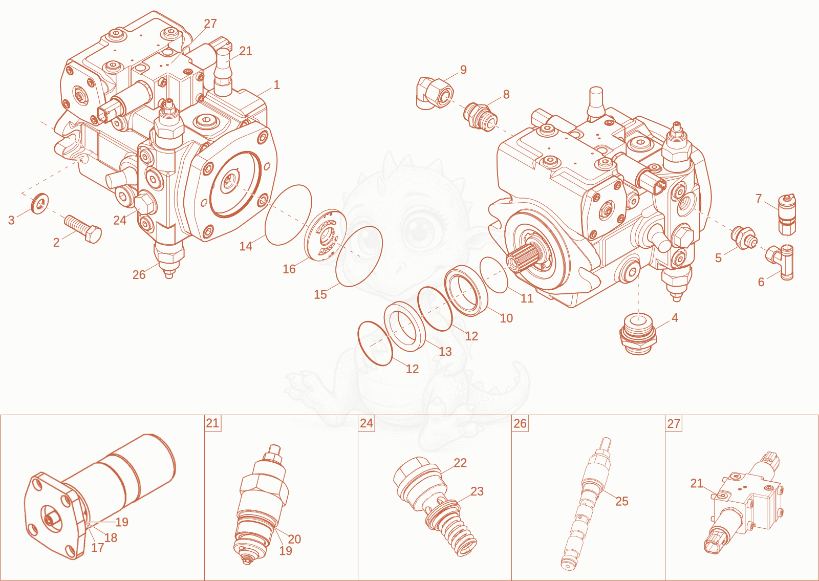 Exploded parts diagram of the hydraulic pump of a Wacker Neuson DW15, with numbered balloons