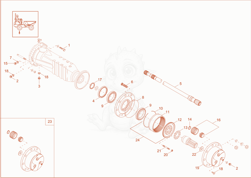 Exploded parts diagram of the AXLE CASE, WHEEL HUB of a Wacker Neuson DV90, with numbered balloons