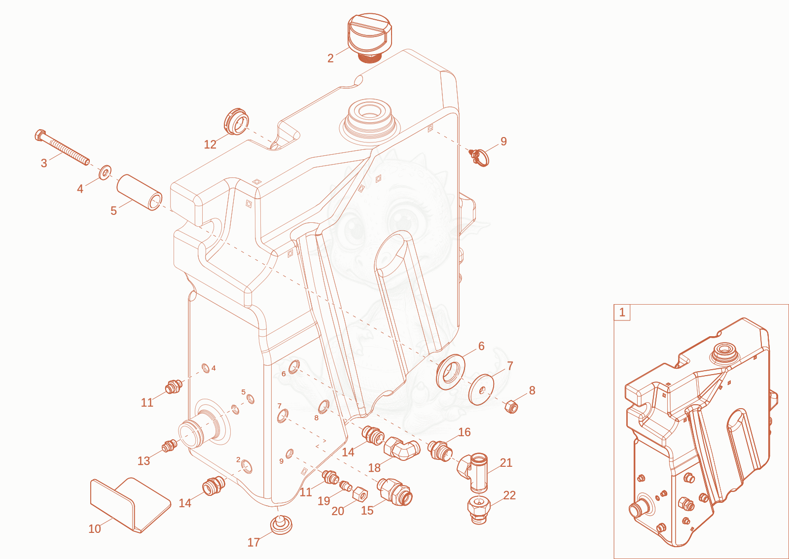 Exploded parts diagram of the hydraulic tank of a Wacker Neuson DW90-3, with numbered balloons