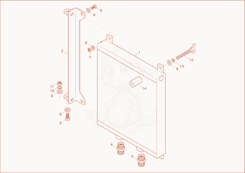 Exploded parts diagram of the oil cooler of a Wacker Neuson 38Z3, with numbered balloons