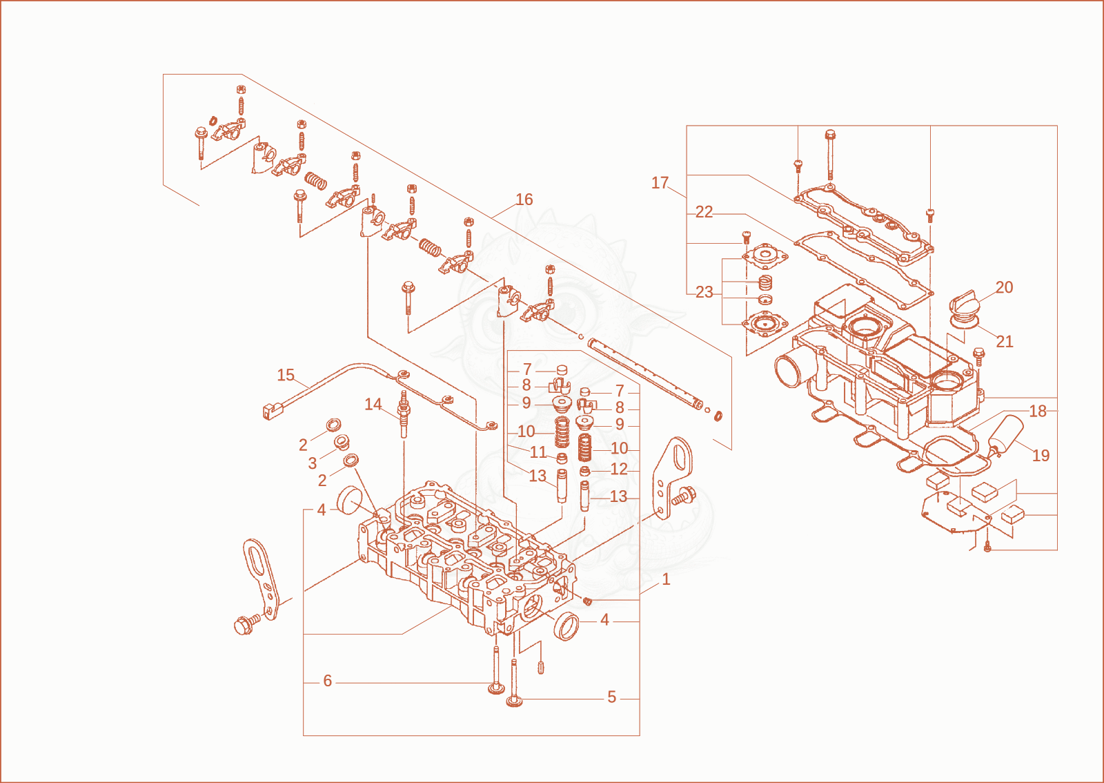 Exploded parts diagram of the CYLINDER HEAD, VALVE COVER SPC of a Wacker Neuson ET08, with numbered balloons