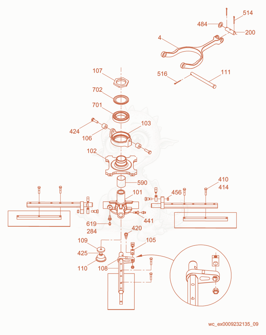 Exploded parts diagram of the Blade Mechanism-Right of a Wacker Neuson CRT36-23K-H, with numbered balloons