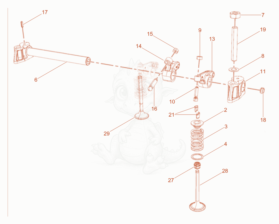 Exploded parts diagram of the Rocker Arms - Valves of a Wacker Neuson DPU80/110KMAT, with numbered balloons