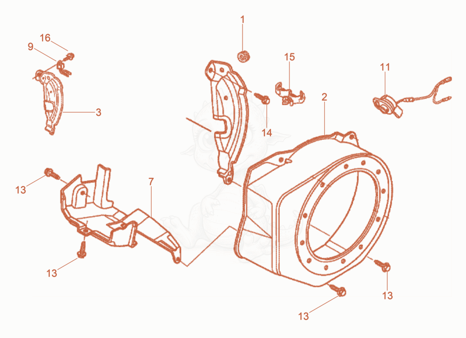 Despiece del Fan hood de una máquina Wacker Neuson VP1135AW, con globos numerados