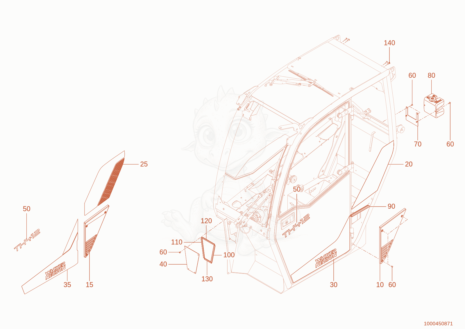 Exploded parts diagram of the cab trim of a Wacker Neuson TH412(T01-01), with numbered balloons
