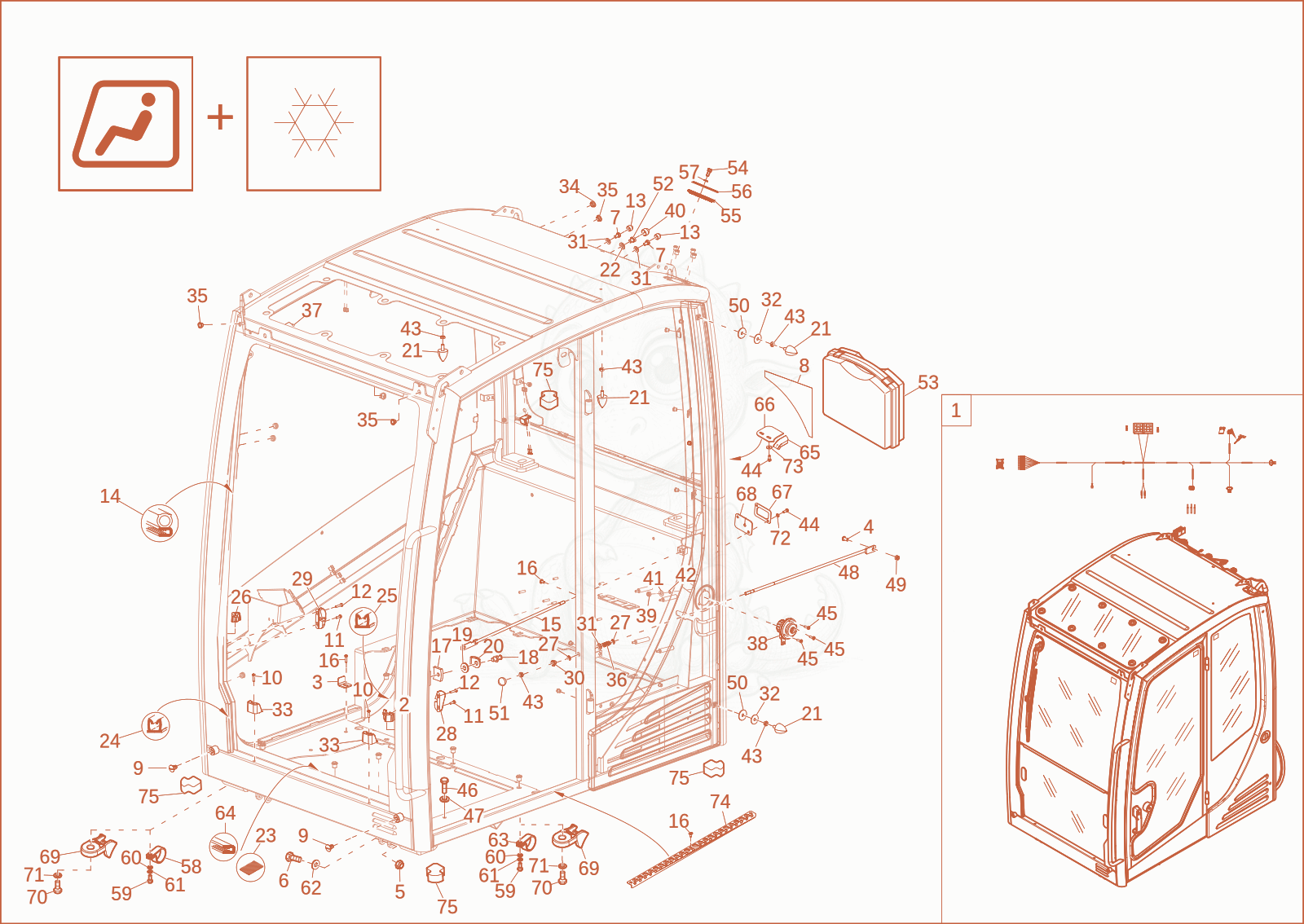 Exploded parts diagram of the CABIN FRAME (OPTION) of a Wacker Neuson EW65, with numbered balloons