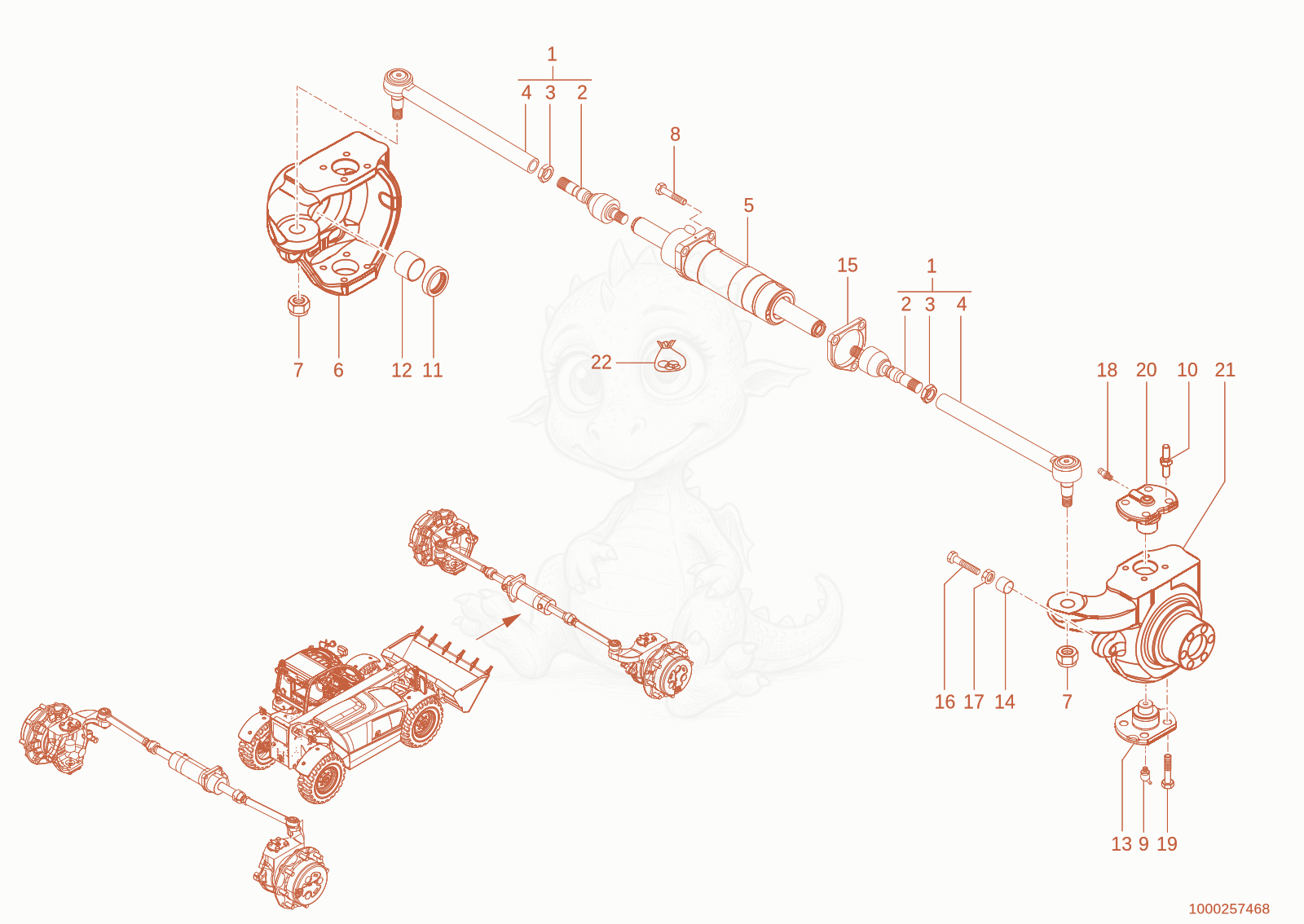 Exploded parts diagram of the steering cylinder of a Wacker Neuson TH627(418-22), with numbered balloons