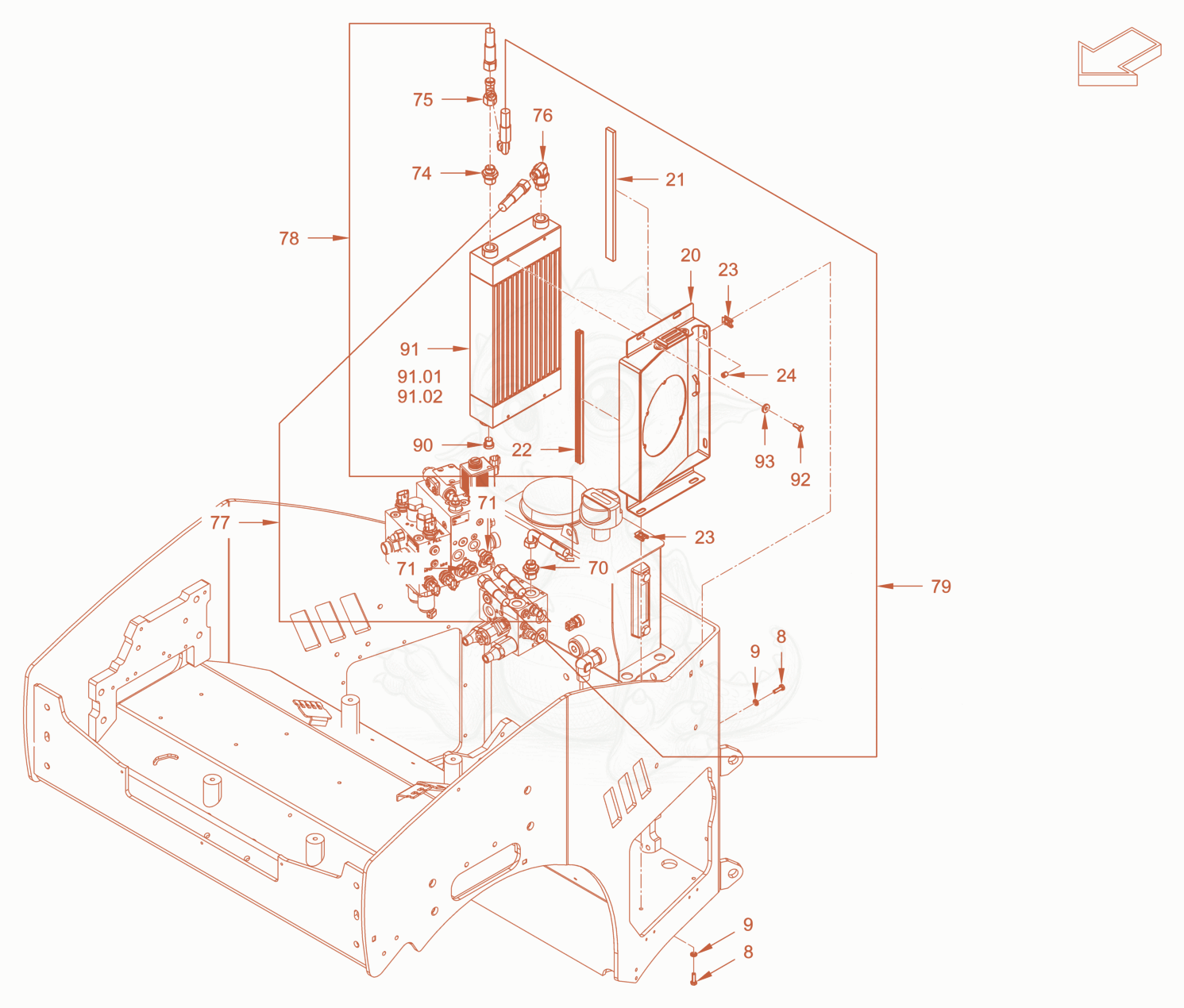 Exploded parts diagram of the cooling (engine/hydraulic oil) of a Wacker Neuson RD24-100CE, with numbered balloons