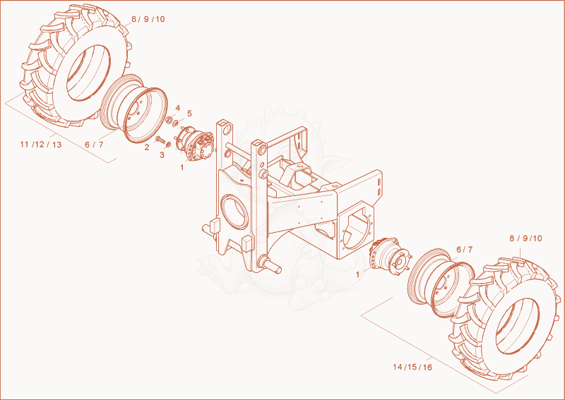 Exploded parts diagram of the front wheels of a Wacker Neuson 1001, with numbered balloons