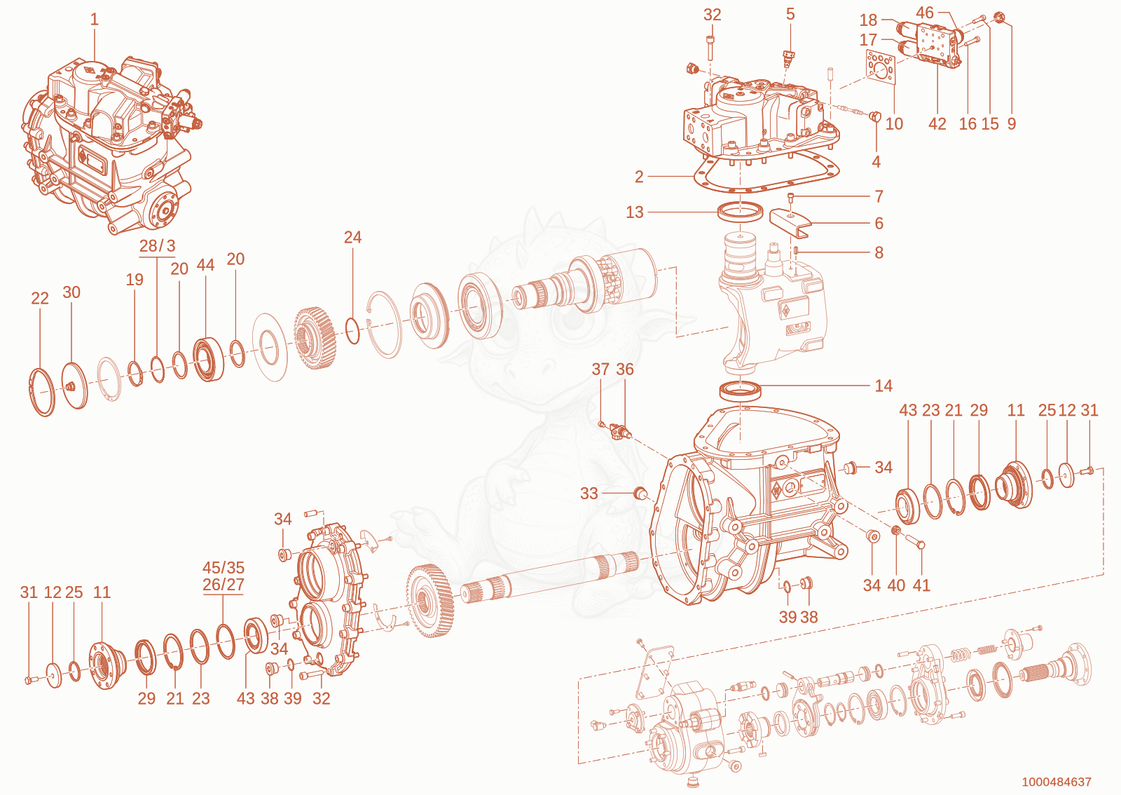 Exploded parts diagram of the Gearbox P370 i 0,956 of a Wacker Neuson TH955(416-36), with numbered balloons