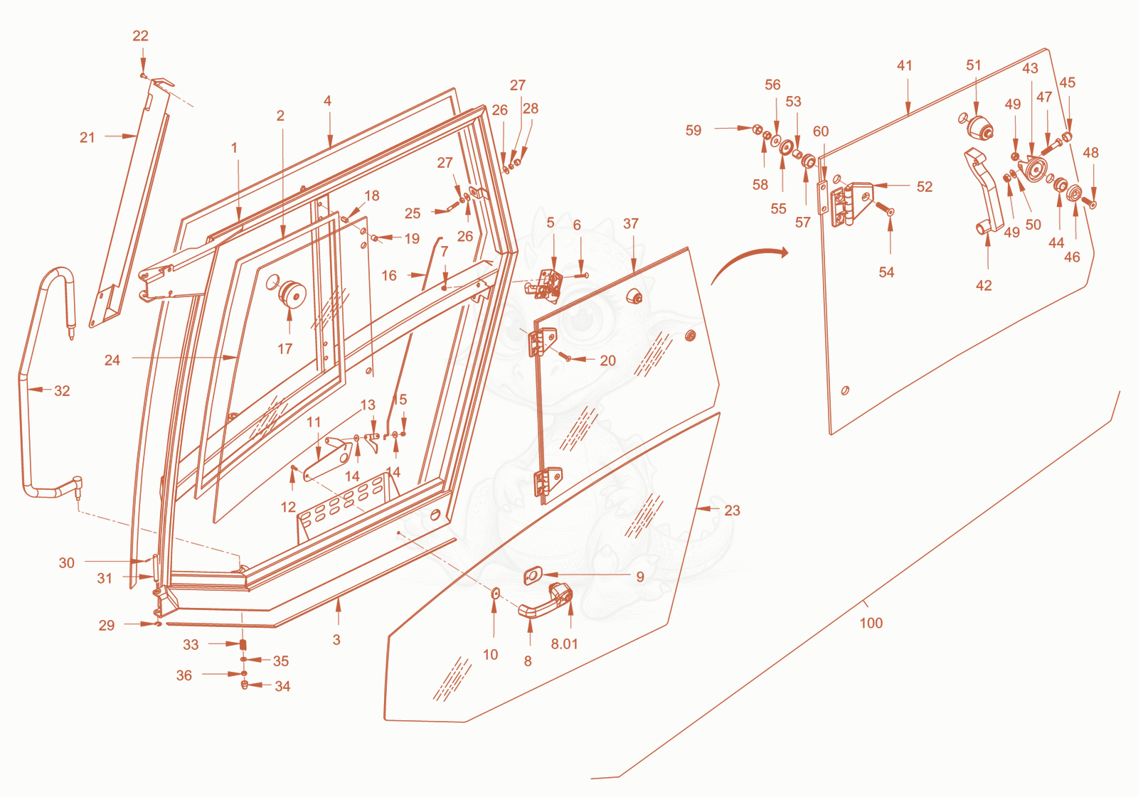 Exploded parts diagram of the driver's cabin of a Wacker Neuson RC110PUSCAB, with numbered balloons