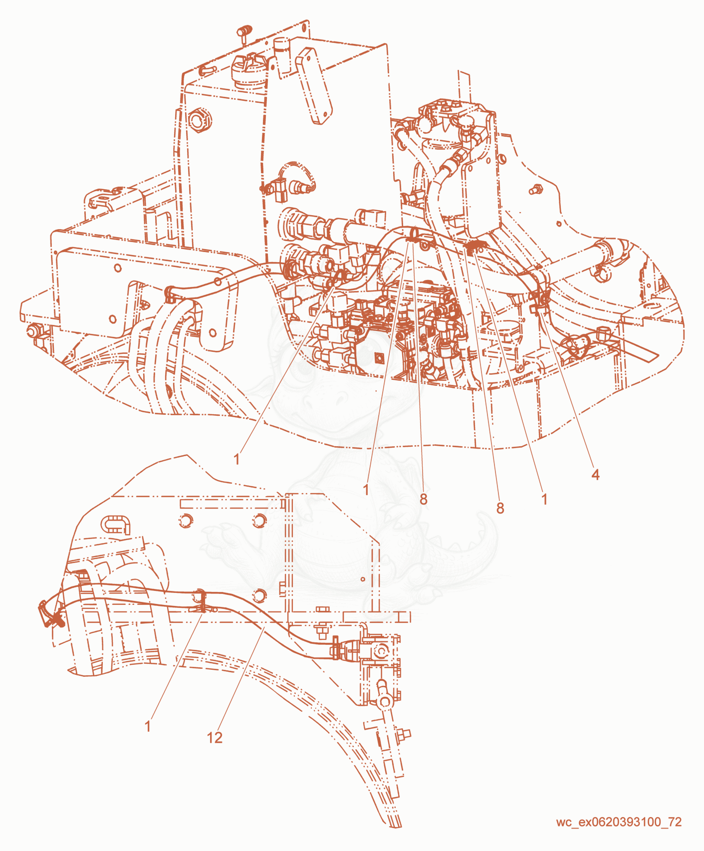 Exploded parts diagram of the Rear Water Hose Routing of a Wacker Neuson RD27-100, with numbered balloons
