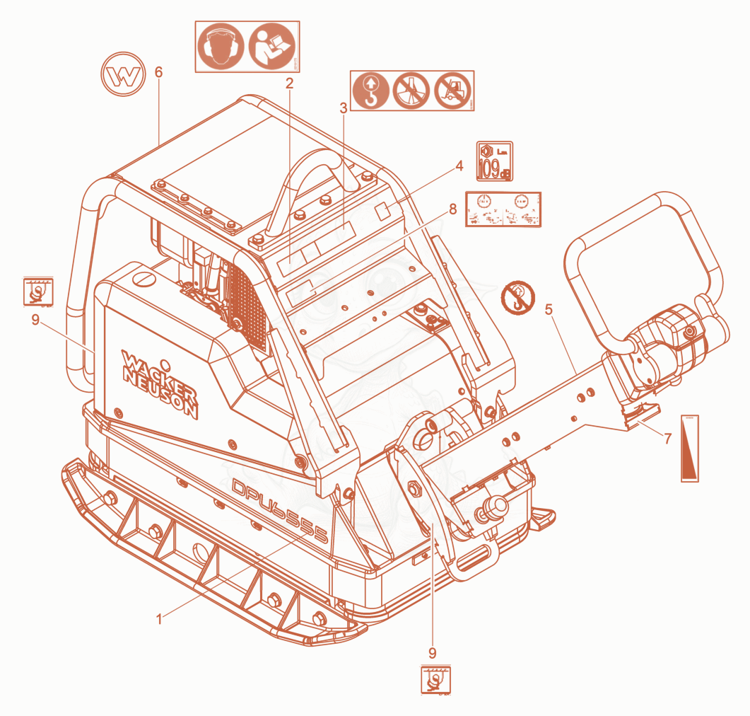 Exploded parts diagram of the Labels of a Wacker Neuson DPU6555HECH, with numbered balloons