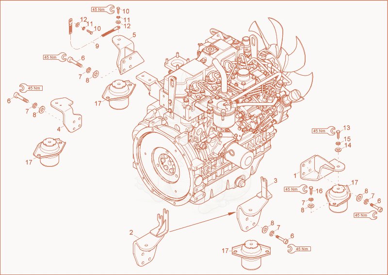Exploded parts diagram of the Engine bedding of a Wacker Neuson 50Z3, with numbered balloons