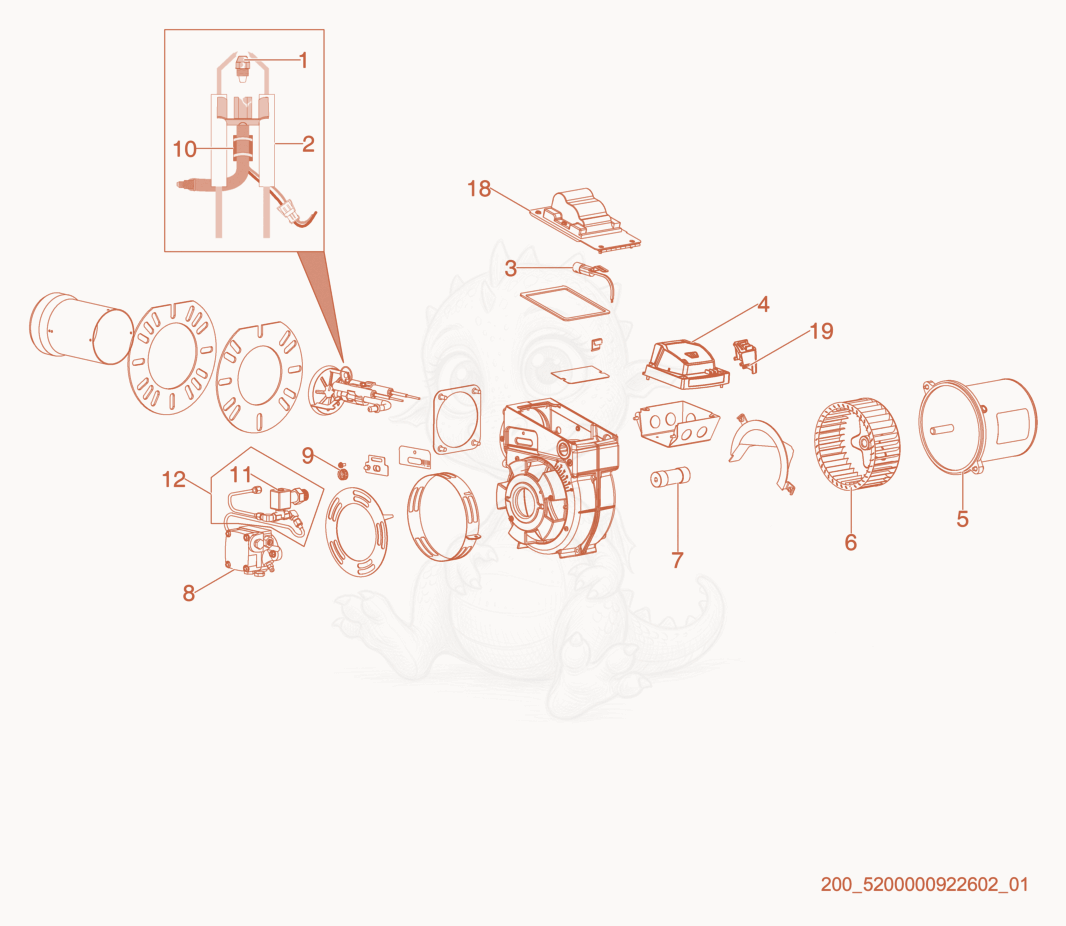 Exploded parts diagram of the Burner cpl. of a Wacker Neuson PUREHEAT, with numbered balloons
