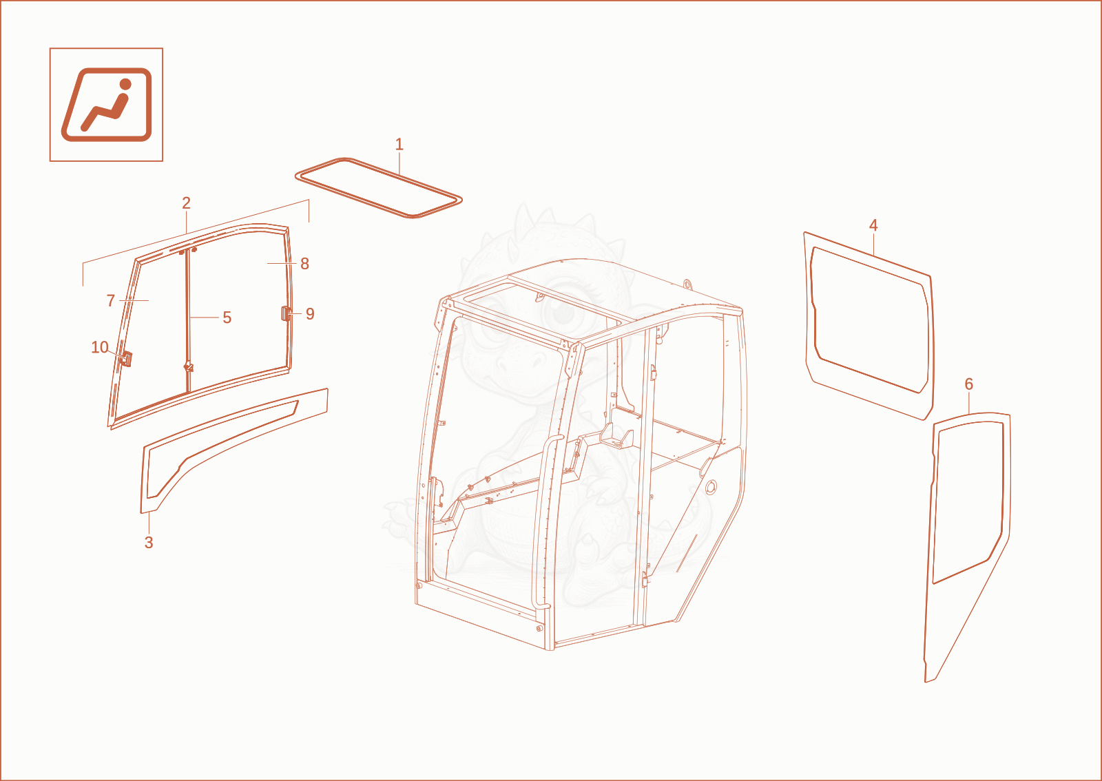 Exploded parts diagram of the CABIN WINDOWS (OPTION) of a Wacker Neuson ET42, with numbered balloons