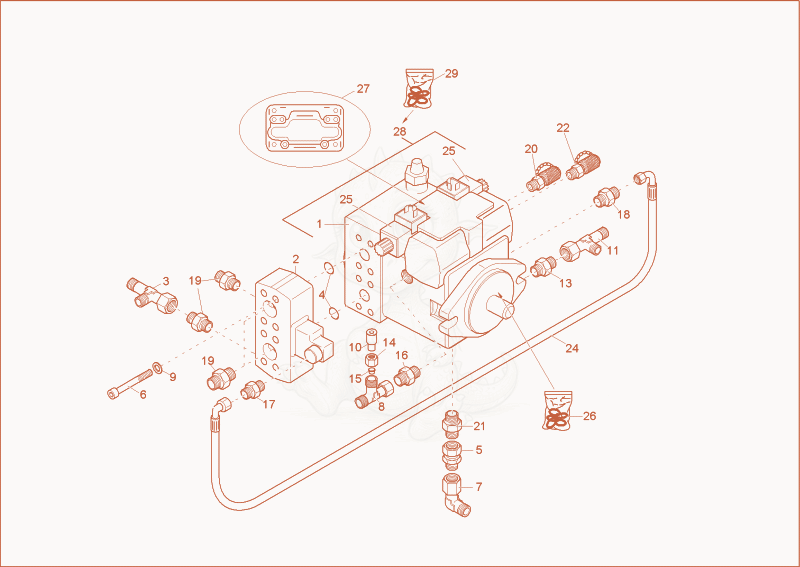 Exploded parts diagram of the displacement pump of a Wacker Neuson 1001, with numbered balloons