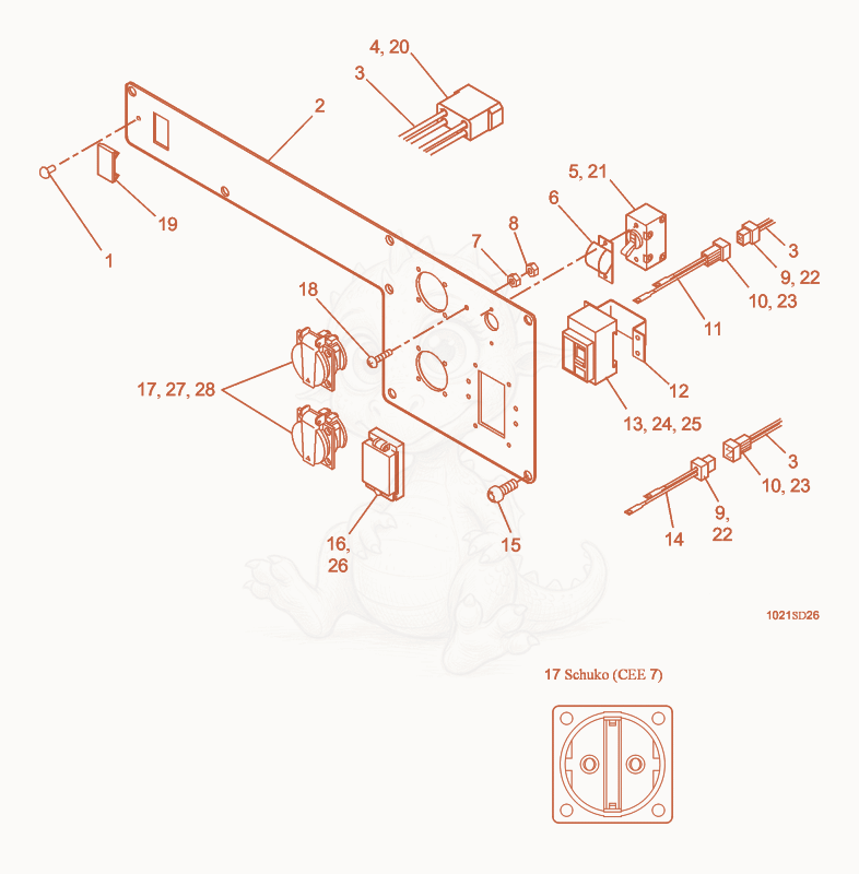 Exploded parts diagram of the Control Panel with Earth Leakage Circuit Breaker of a Wacker Neuson G4.6AE, with numbered balloons