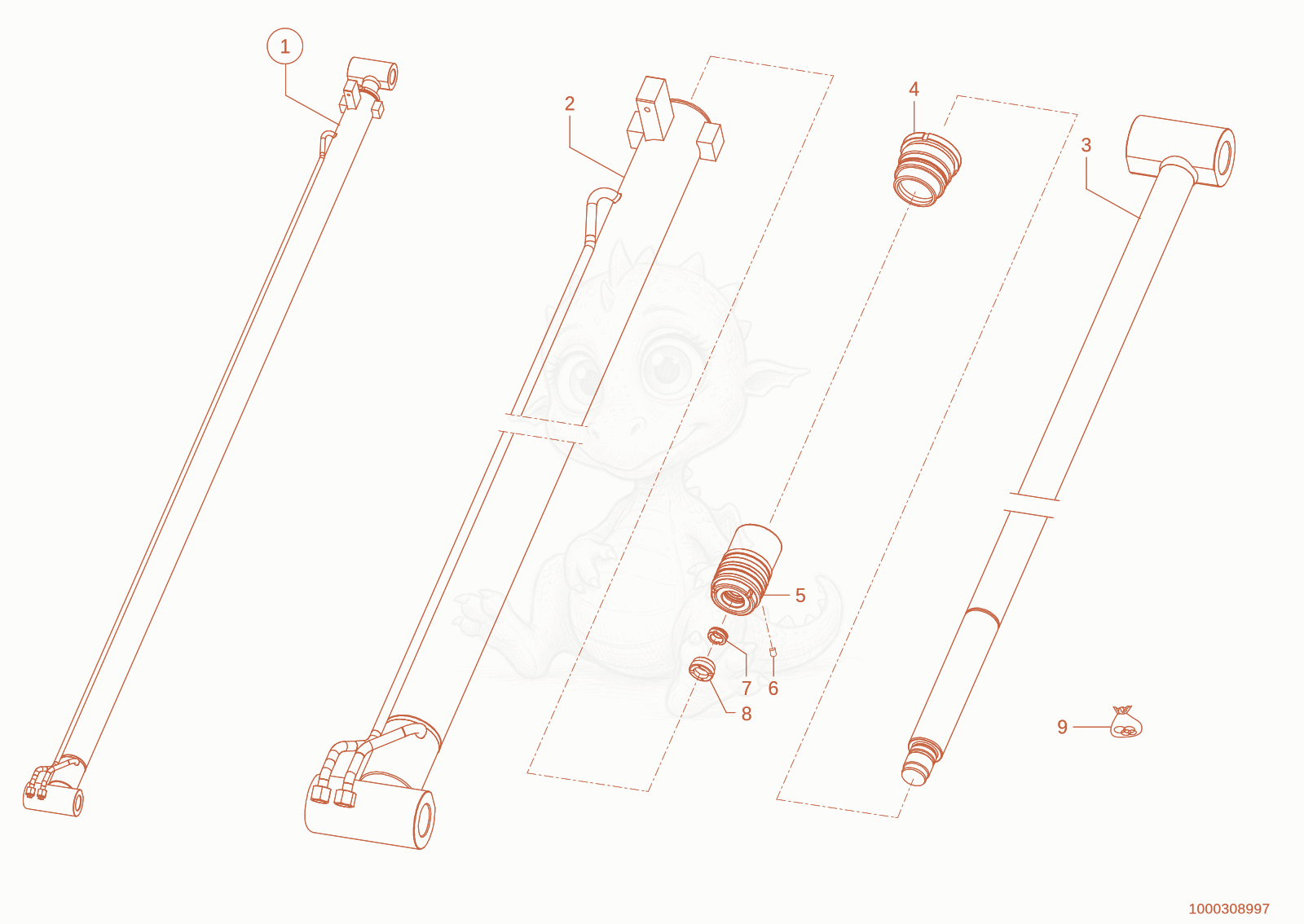 Exploded parts diagram of the extension cylinder of a Wacker Neuson TH735(415-06), with numbered balloons