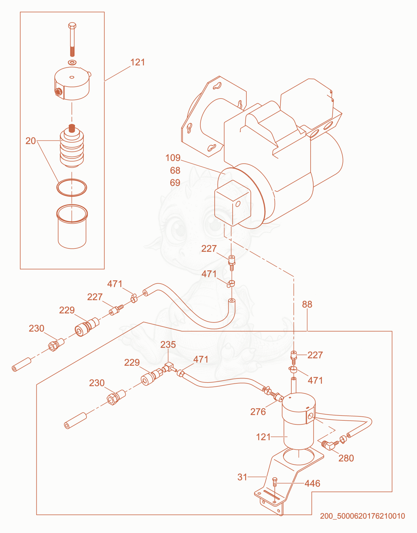 Despiece del Fuel System de una máquina Wacker Neuson E2200, con globos numerados
