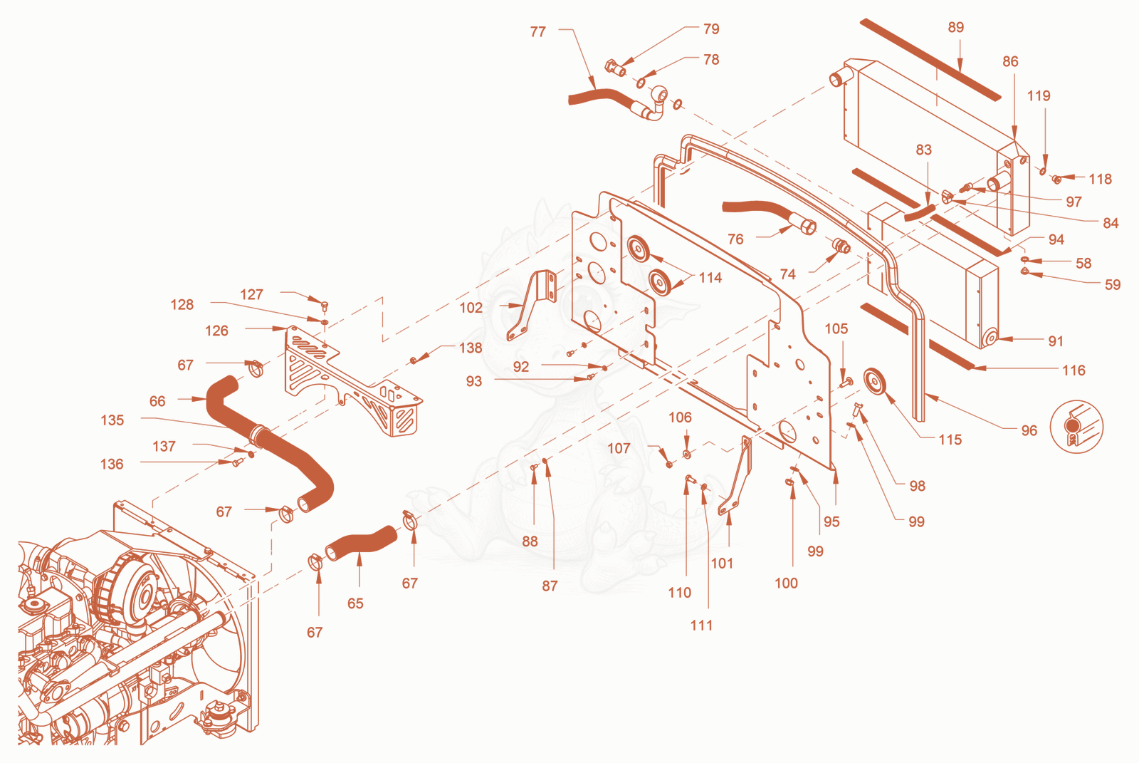 Exploded parts diagram of the cooling of a Wacker Neuson RD24-100, with numbered balloons