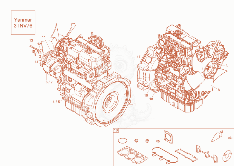 Exploded parts diagram of the diesel engine of a Wacker Neuson EZ17, with numbered balloons