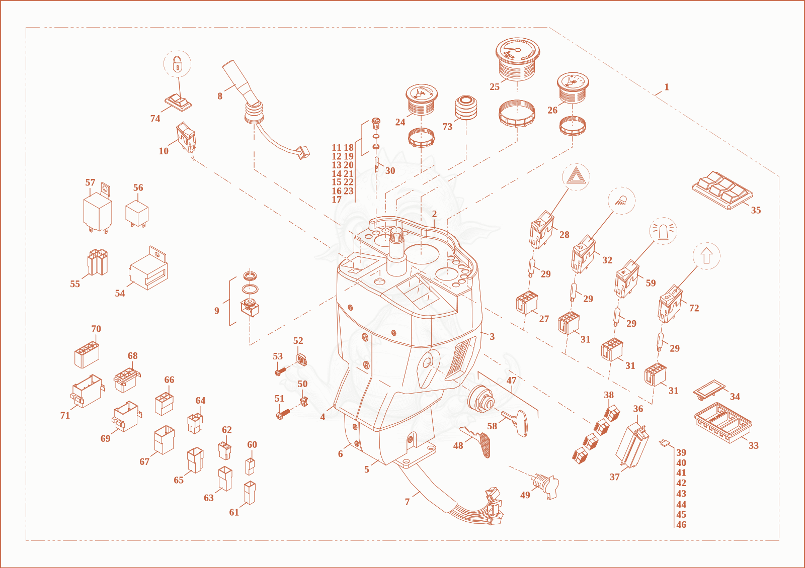 Exploded parts diagram of the steering column of a Wacker Neuson WL30, with numbered balloons