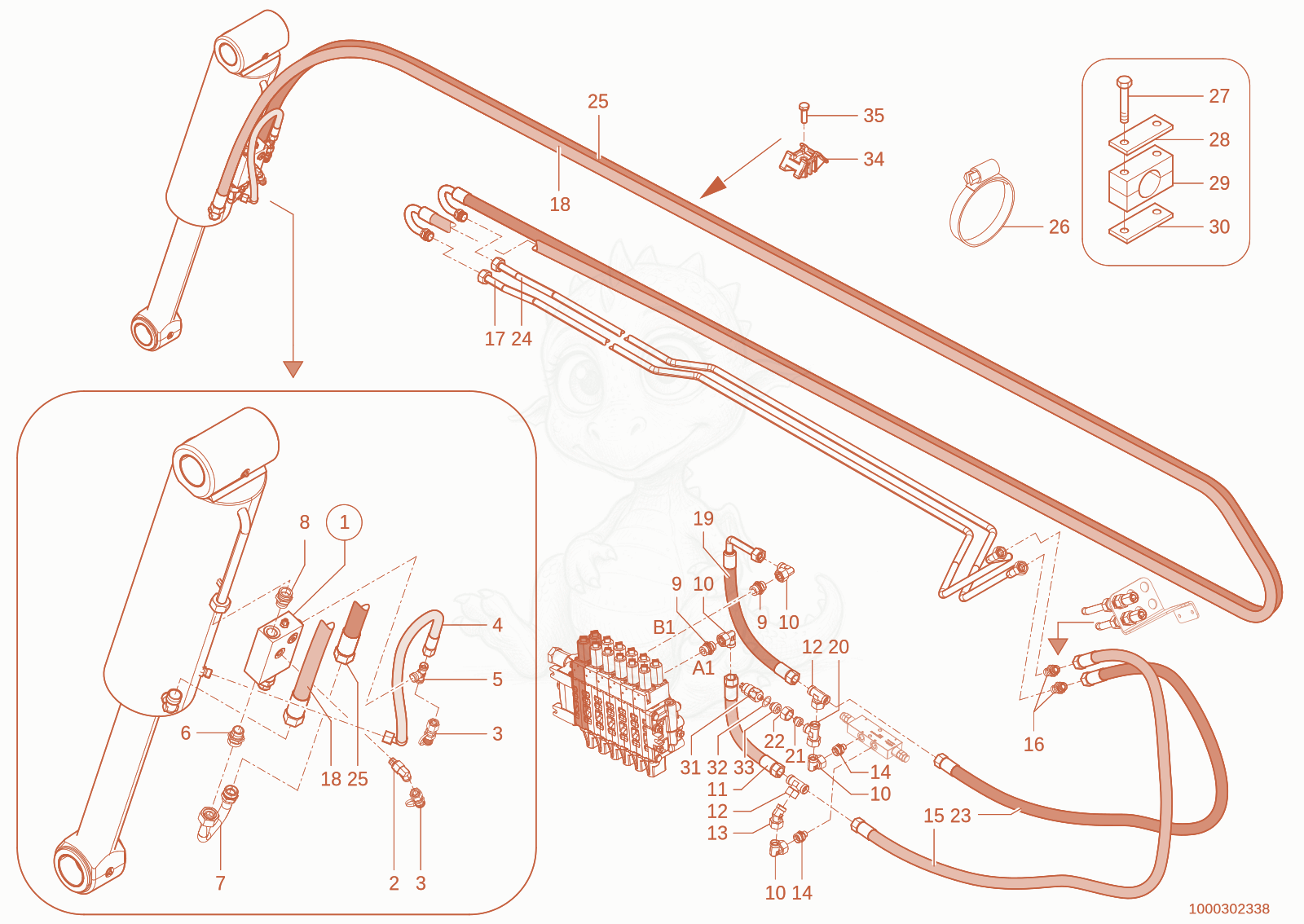 Exploded parts diagram of the Tilt cylinder circuit of a Wacker Neuson TH735(415-06), with numbered balloons