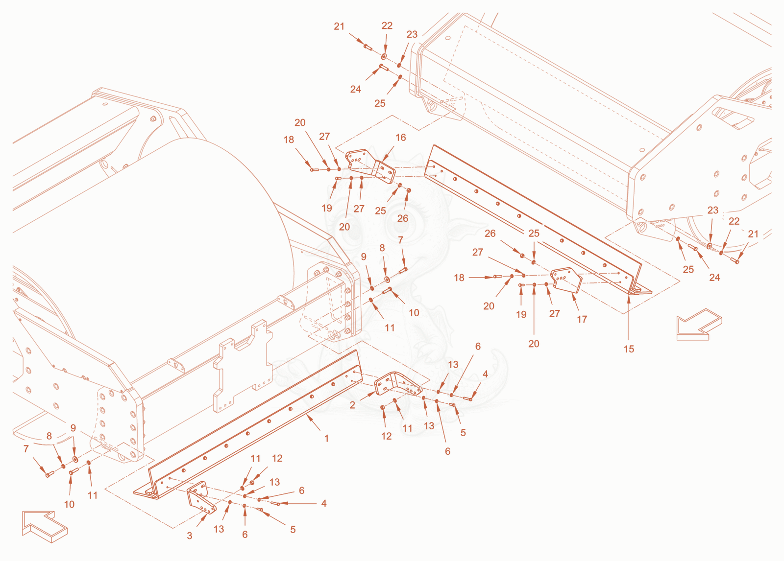 Exploded parts diagram of the v-scraper smooth roller drum of a Wacker Neuson RC110CAB, with numbered balloons