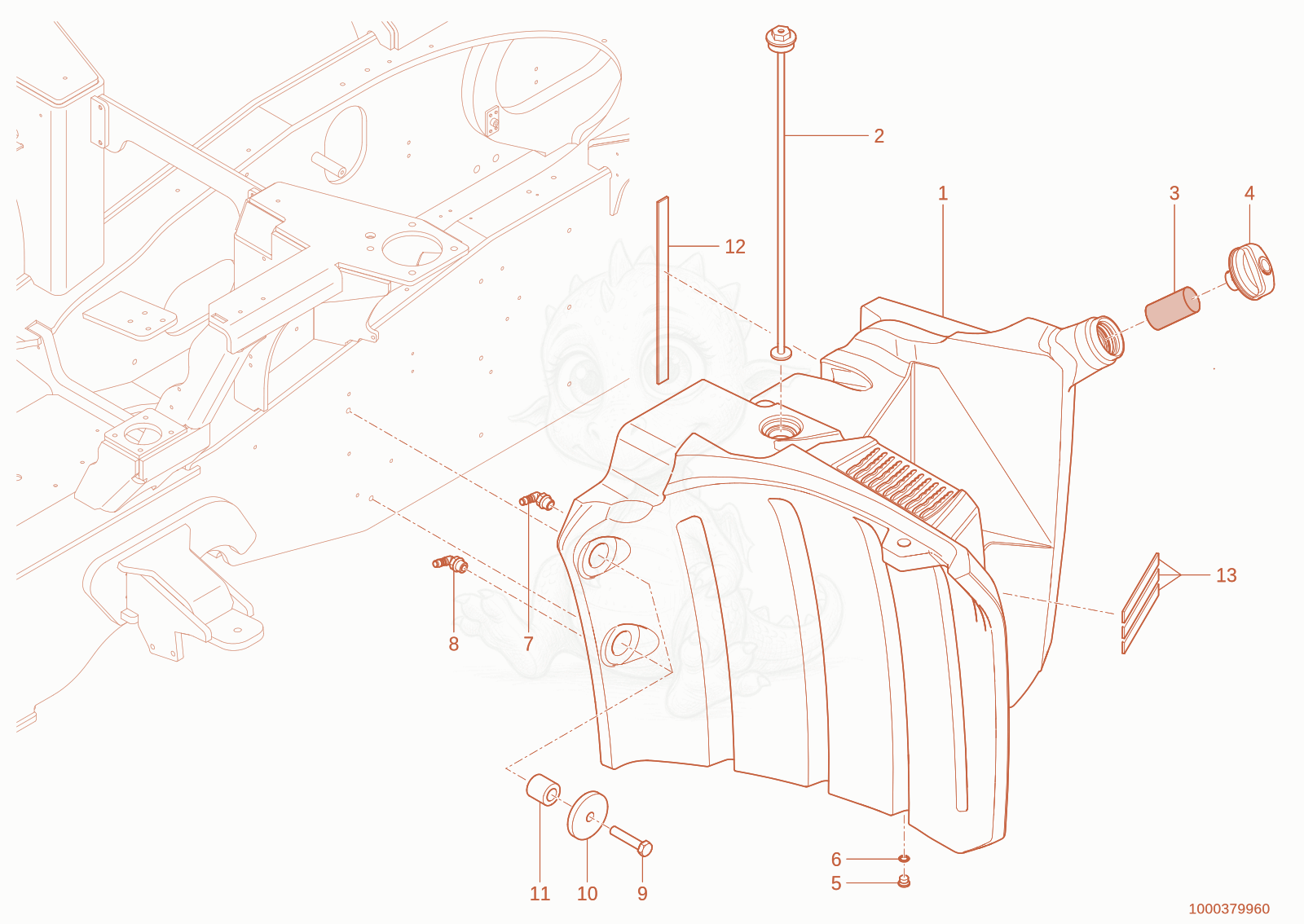 Exploded parts diagram of the fuel tank of a Wacker Neuson WL95(WRL90-00), with numbered balloons