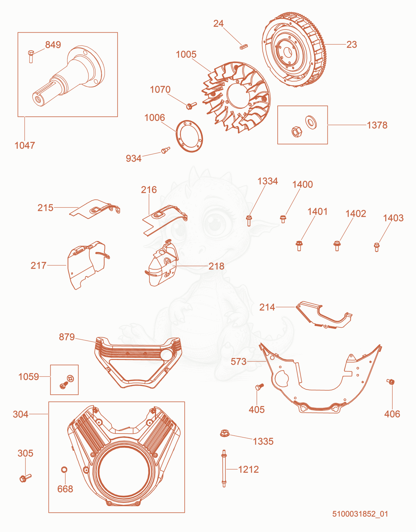 Exploded parts diagram of the Flywheel/Blower Housing of a Wacker Neuson CRT48-37V-PS, with numbered balloons