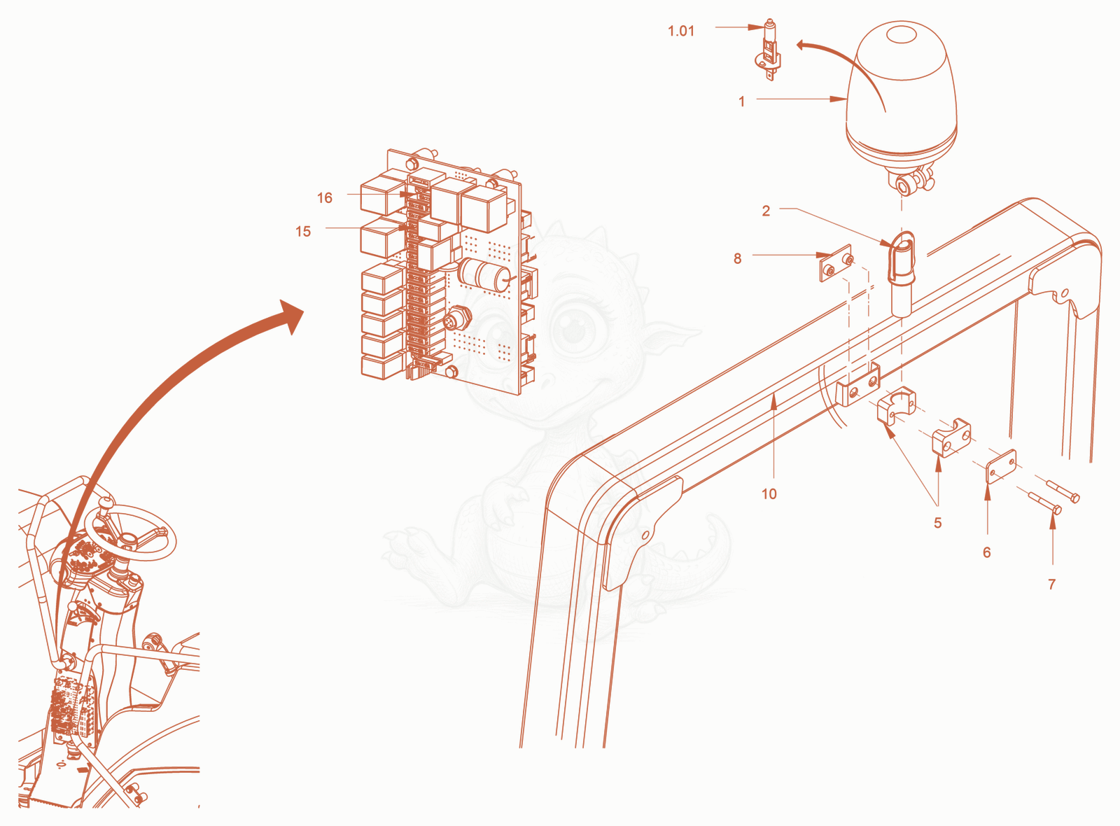 Exploded parts diagram of the rotary beacon (rops) of a Wacker Neuson RD18-80, with numbered balloons