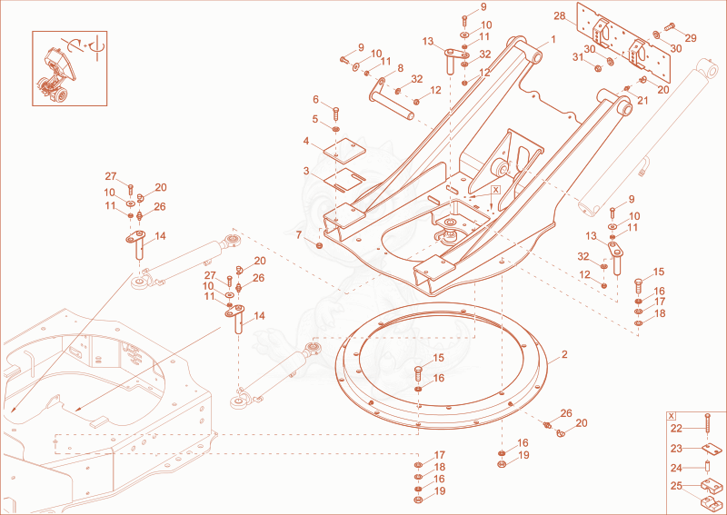 Exploded parts diagram of the SWING BRACKET (OPTION) of a Wacker Neuson DW20, with numbered balloons