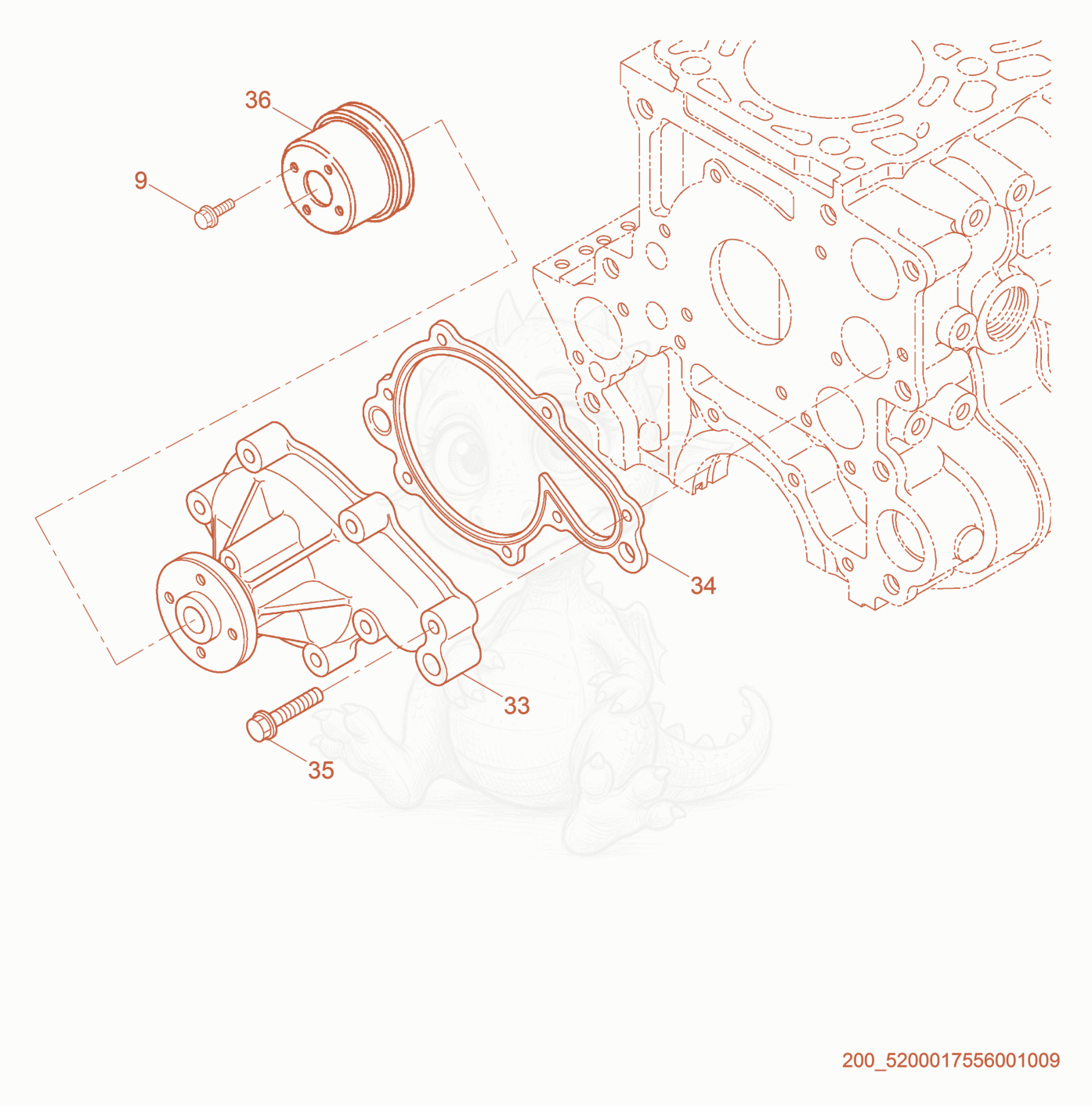 Exploded parts diagram of the Water Pump of a Wacker Neuson HIF600, with numbered balloons