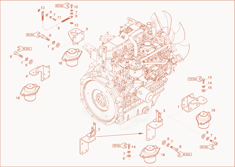 Exploded parts diagram of the Engine bedding of a Wacker Neuson 6003, with numbered balloons