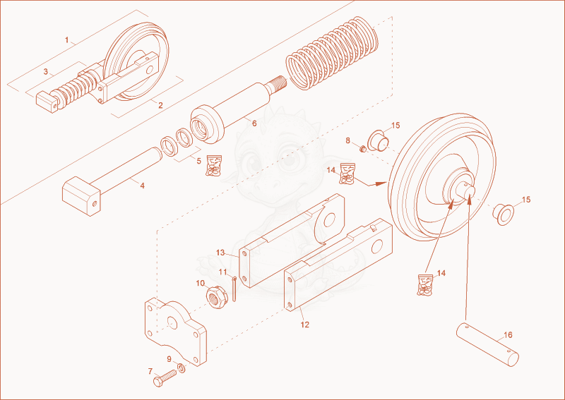 Exploded parts diagram of the track tensioner complete of a Wacker Neuson EZ28, with numbered balloons