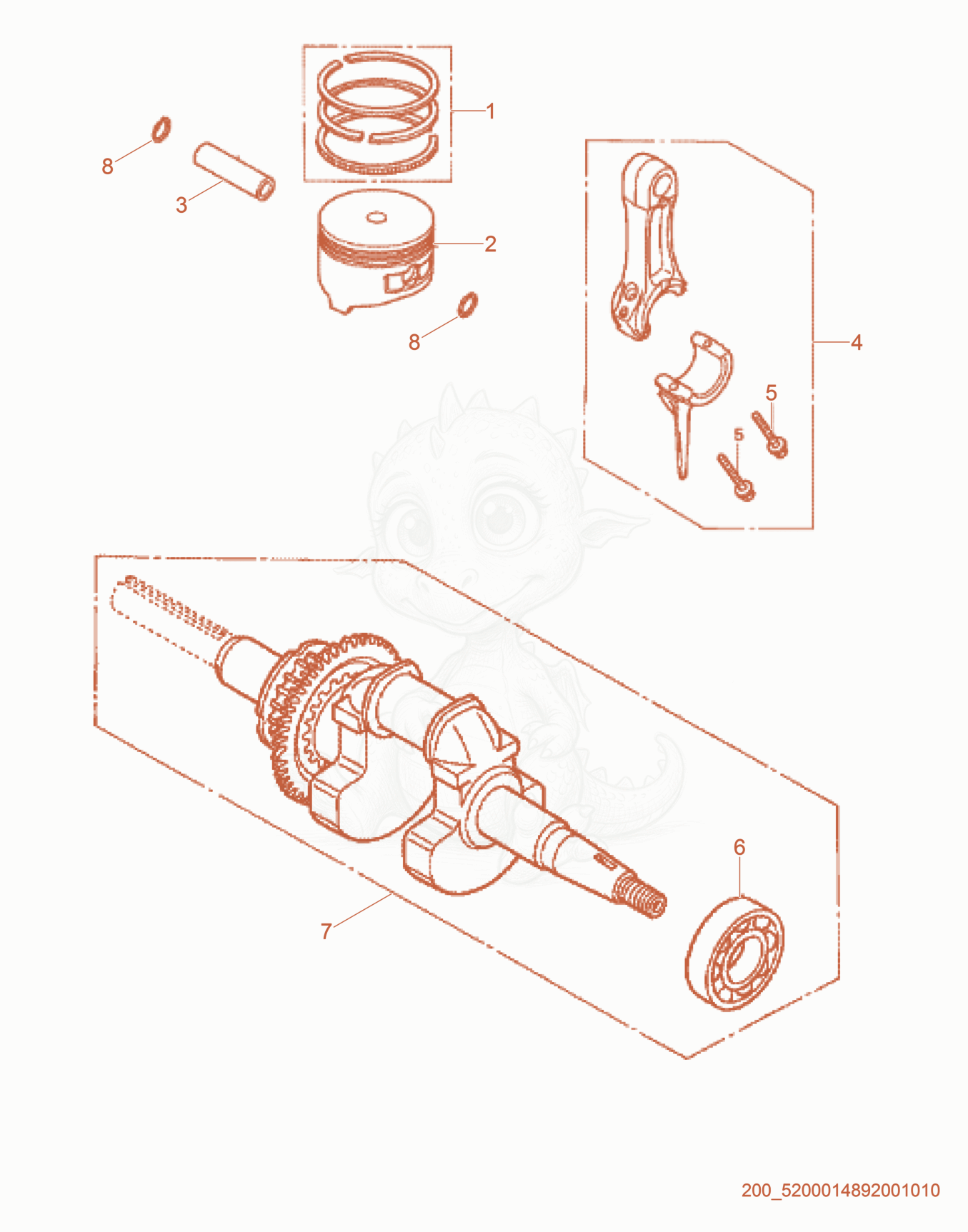 Exploded parts diagram of the Piston/Crankshaft of a Wacker Neuson BS50-4AS, with numbered balloons