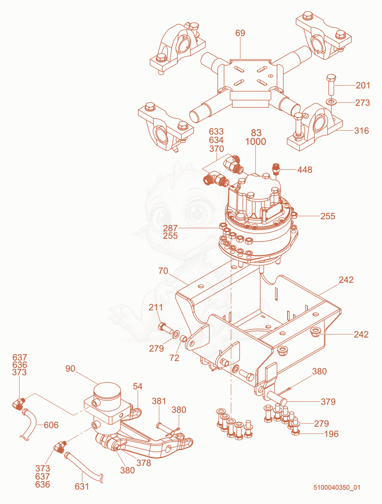 Exploded parts diagram of the Drive Motor Housing-Right of a Wacker Neuson CRT60-74LX, with numbered balloons