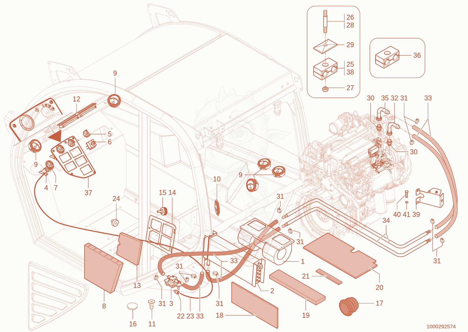 Exploded parts diagram of the heating of a Wacker Neuson TH744(416-02), with numbered balloons
