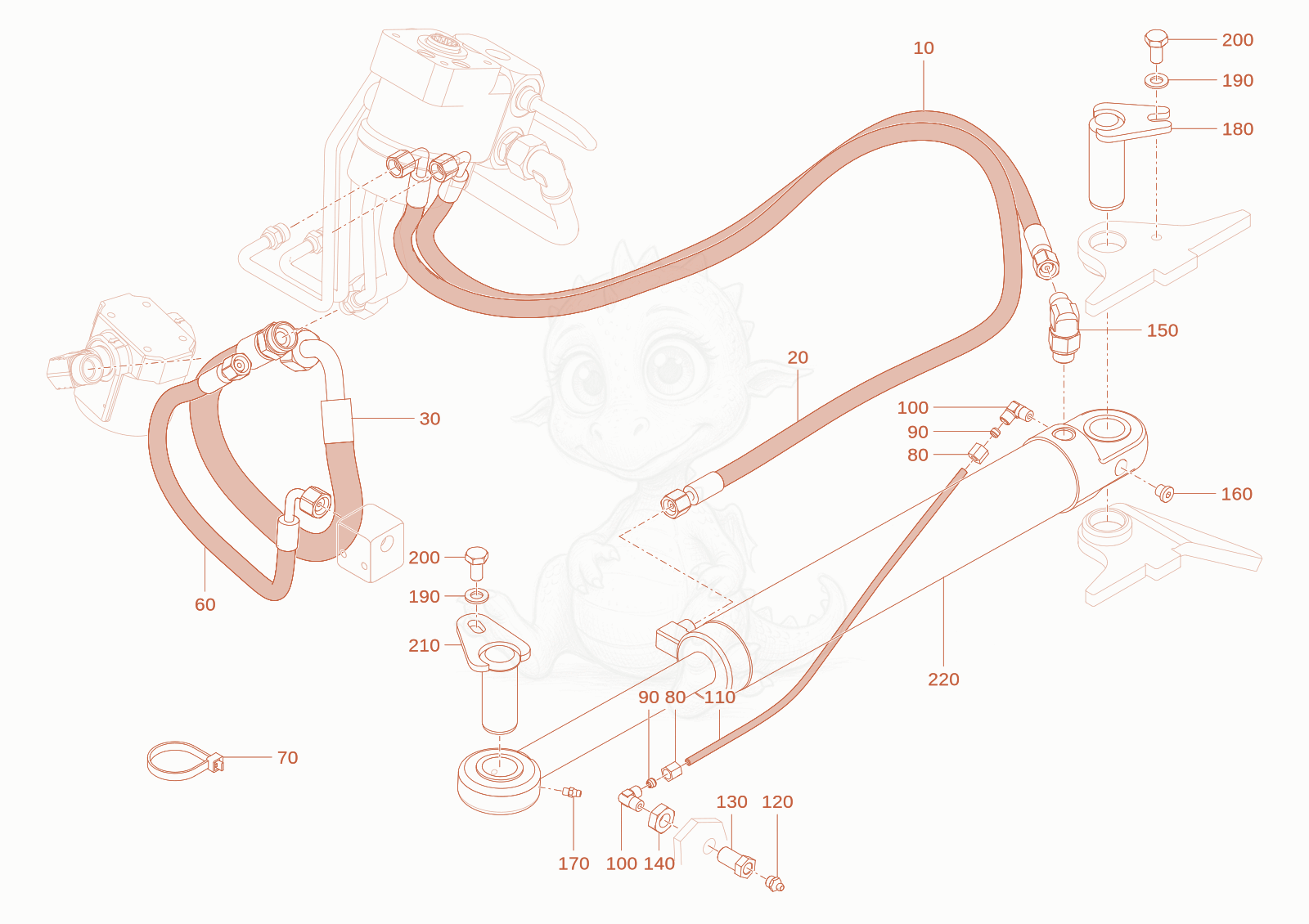 Exploded parts diagram of the Tubing steering cylinder of a Wacker Neuson WL28(A01-01), with numbered balloons