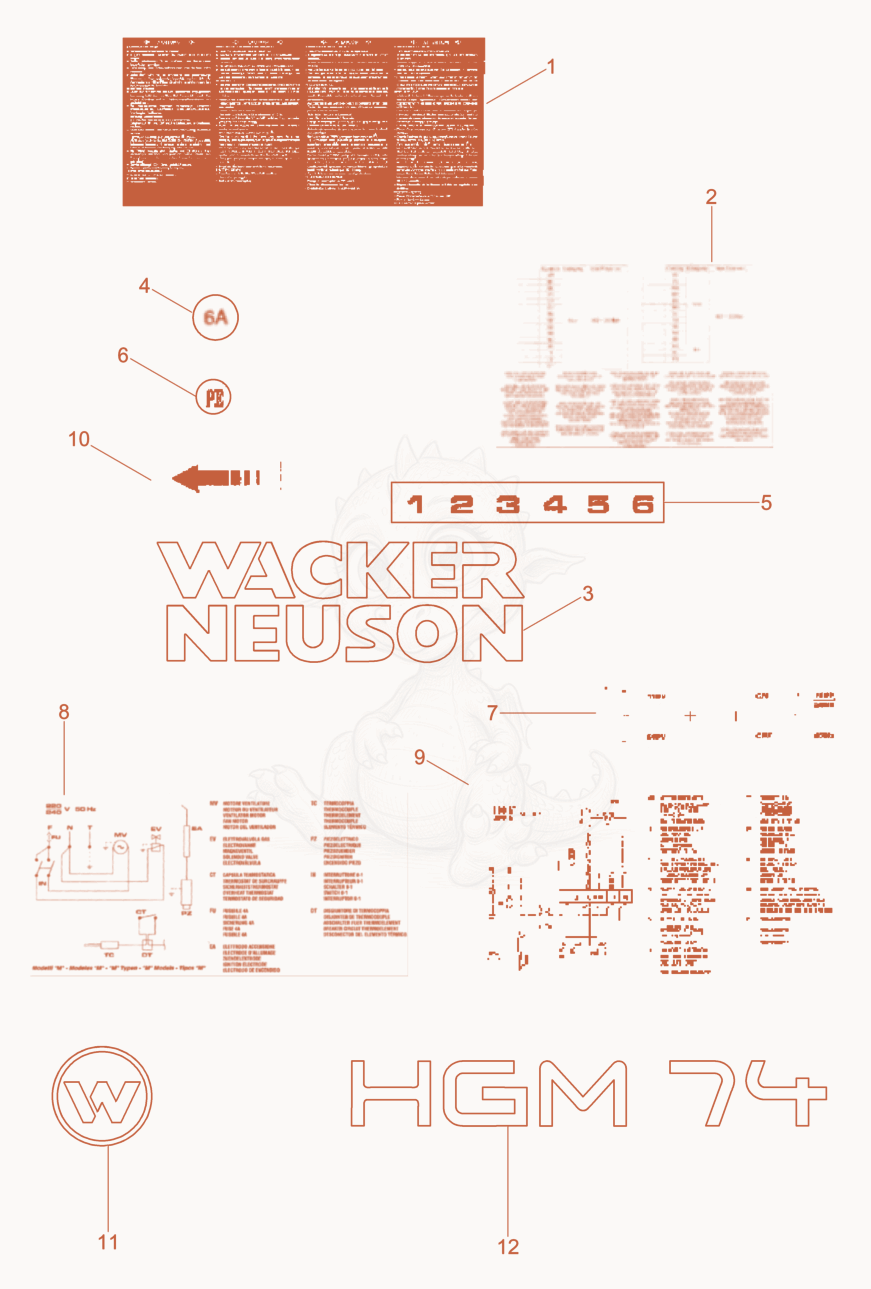 Exploded parts diagram of the Labels of a Wacker Neuson HGM74WGB, with numbered balloons