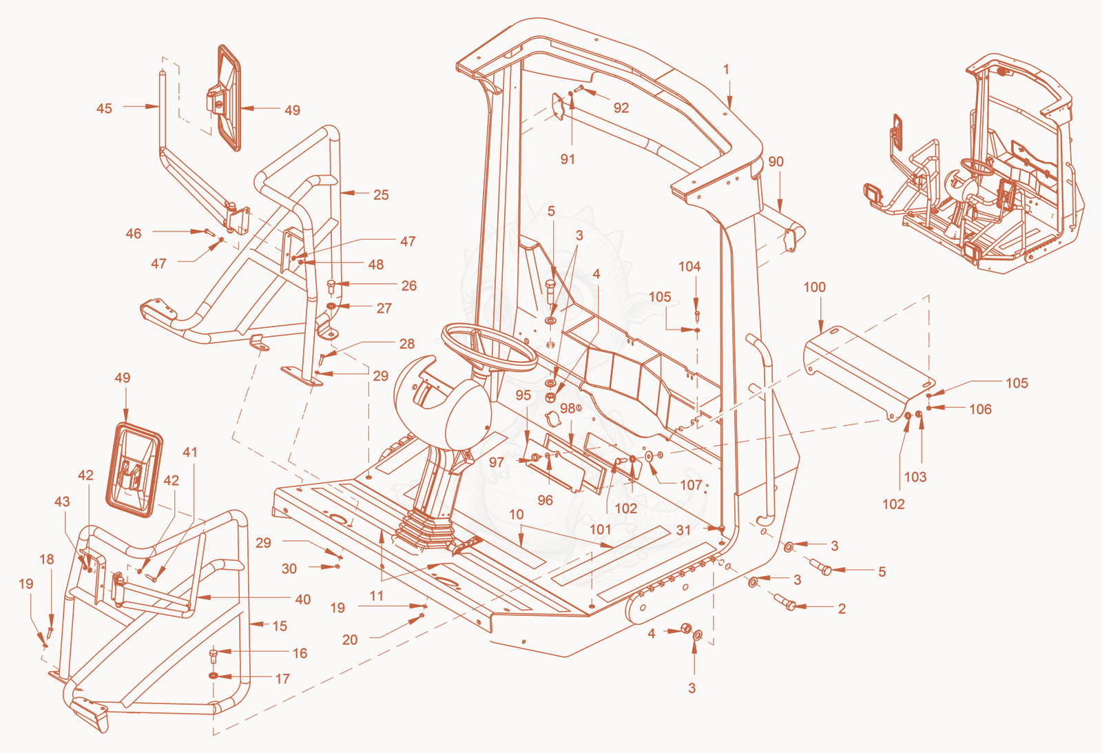 Exploded parts diagram of the roll over protection of a Wacker Neuson RC110P, with numbered balloons