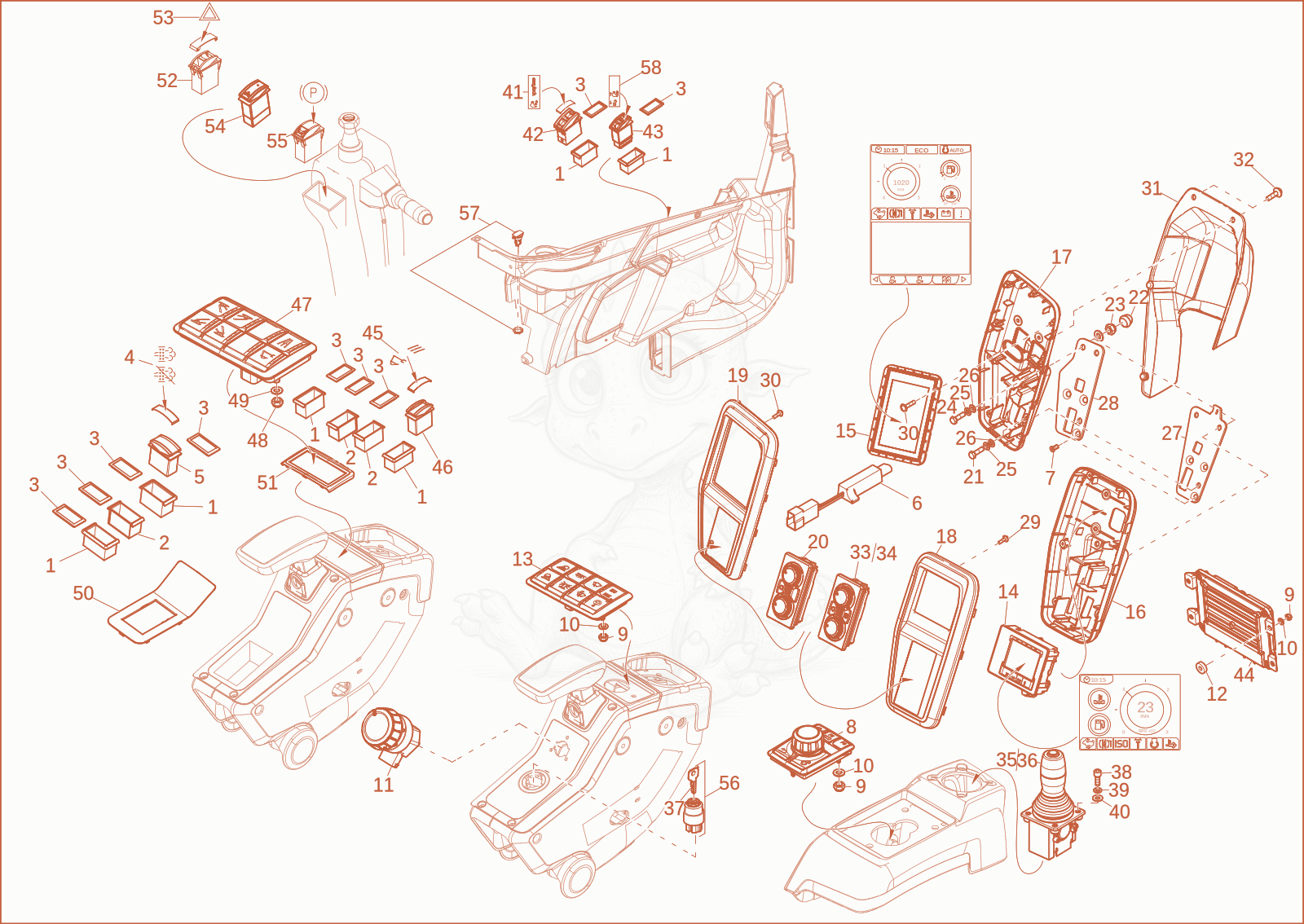 Exploded parts diagram of the instrument panel of a Wacker Neuson EW65, with numbered balloons