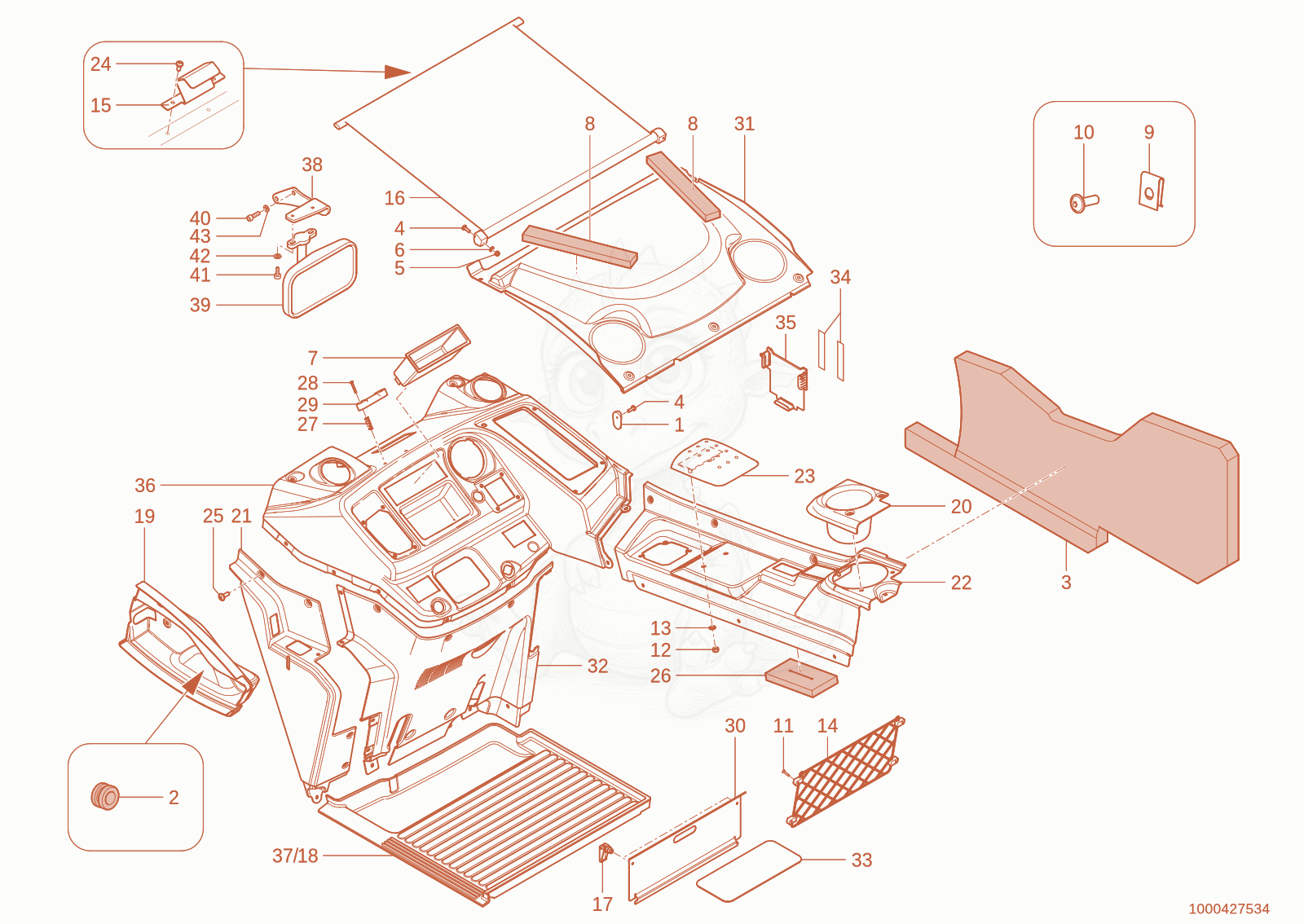 Exploded parts diagram of the trim of a Wacker Neuson TH627(418-22), with numbered balloons