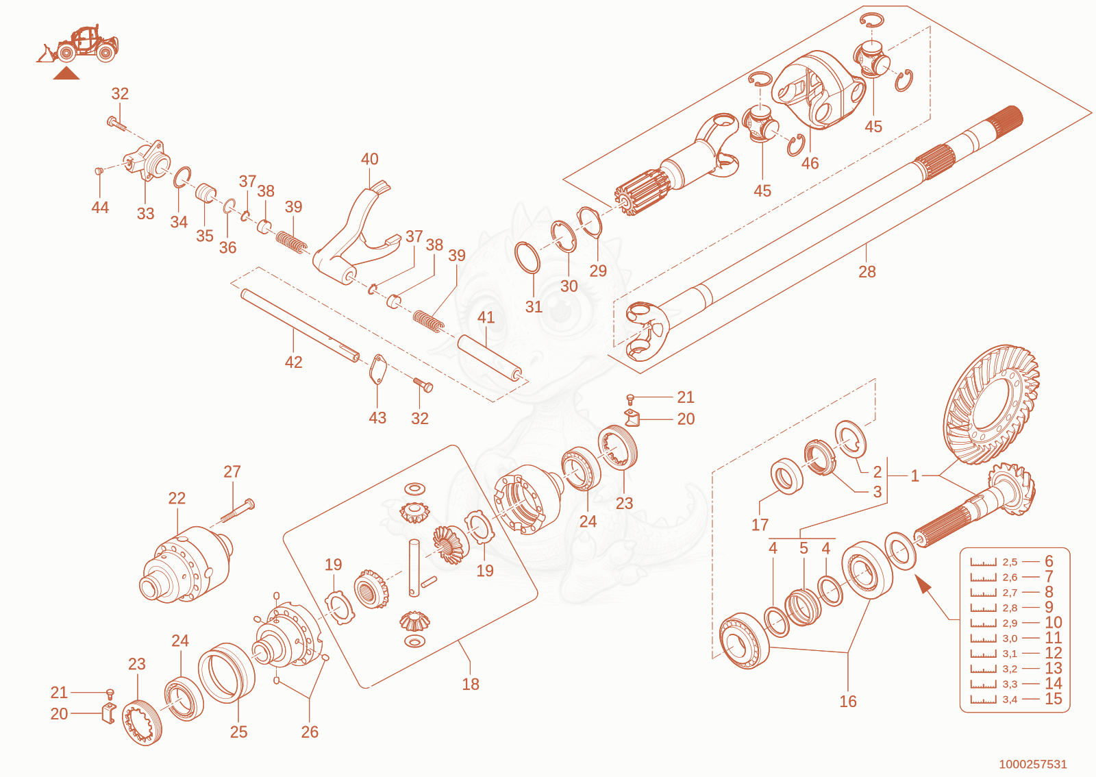 Exploded parts diagram of the angle drive of a Wacker Neuson TH627(418-02), with numbered balloons