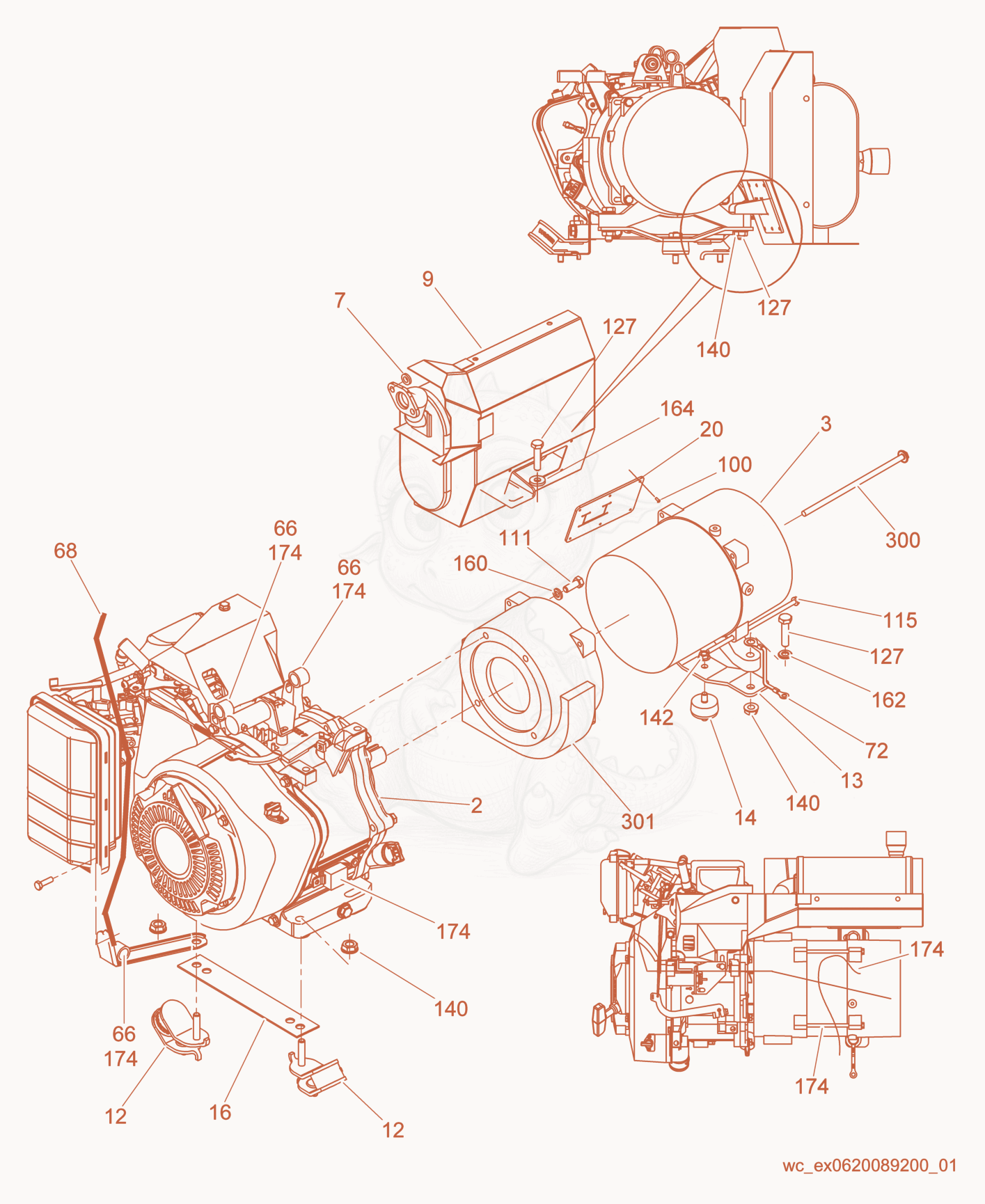 Exploded parts diagram of the Engine/Generator cpl. of a Wacker Neuson GP4000, with numbered balloons